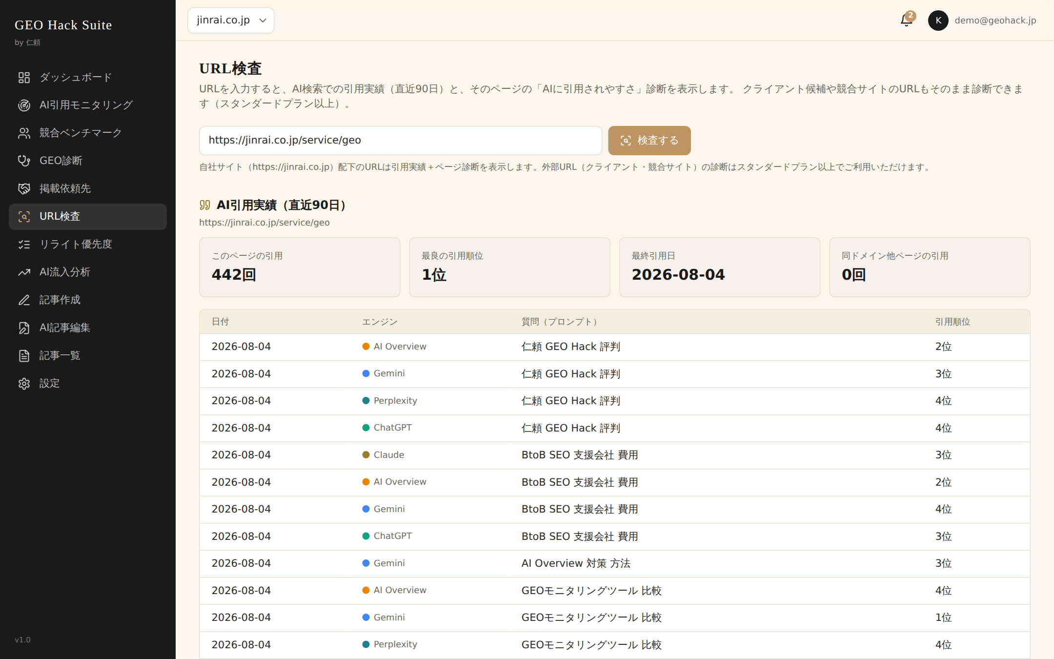 URL検査画面: 引用実績とページ単体GEO診断